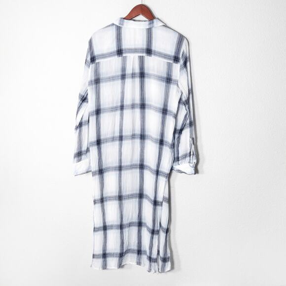 Calvin Klein Women’s Gauzy Plaid Shirt Dress Coastal Minimalist Light Cotton L - Picture 2 of 8